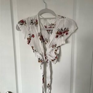 White with yellow and red flowers tie up short sleeve top